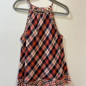 Hem & Thread Navy, Orange and Cream Plaid tank